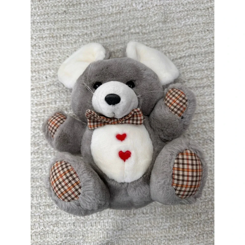 Mouse‎ Plush Stuffed Animal Grey White Plaid Hearts Lovey Kids Toy Nursery Decor